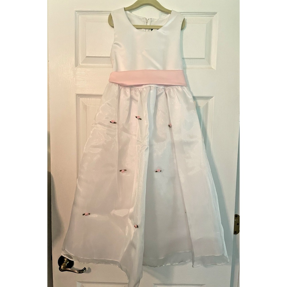New Sofia Young dress girls sz 8 long white flower girl pink sash roses wedding